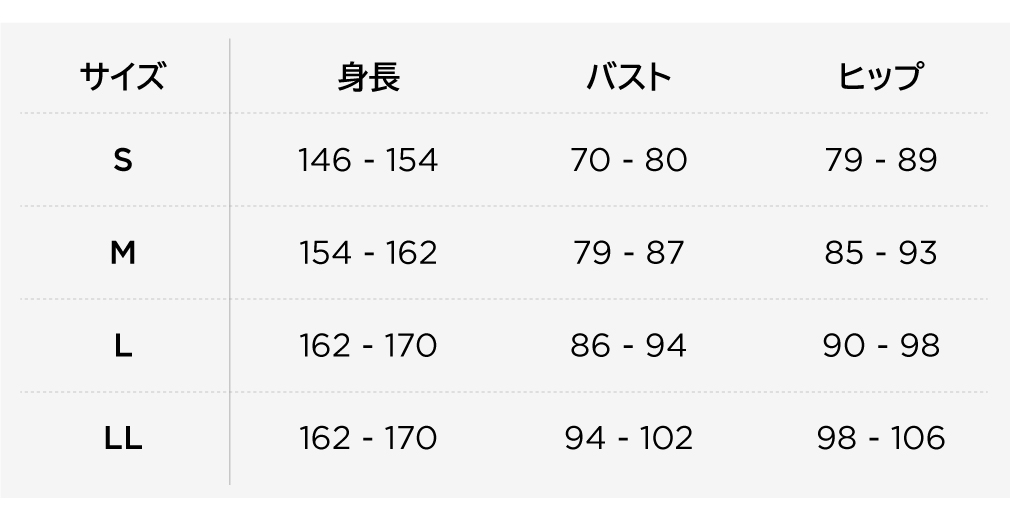 通常レディースレオタードサイズ表(cm)