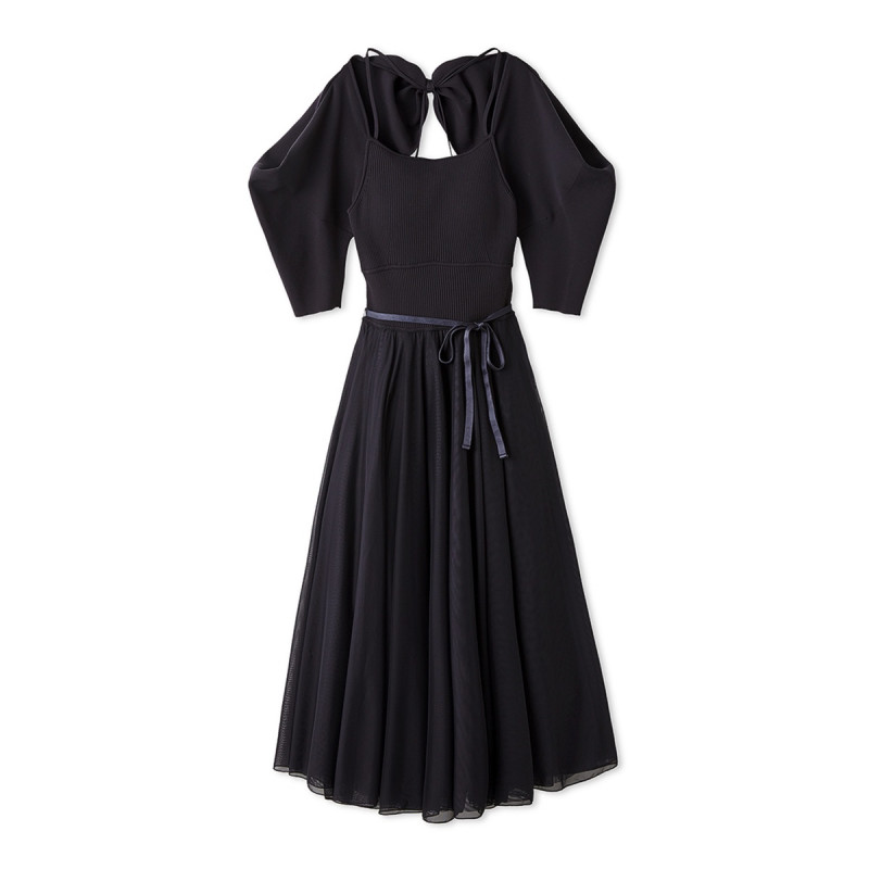 ニット×チュールコンビワンピース(チャコールグレー-S)