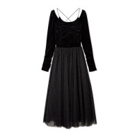 ベロア×チュールワンピース(ブラック-S)