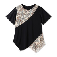 ★プリントコンビワンピースＴシャツ(ブラック-M)