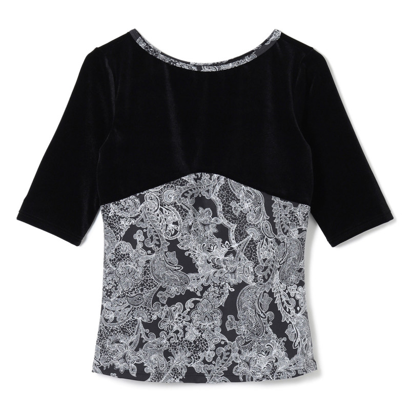 ベロアコンビレースプリントトップ(ブラックプリント-M)
