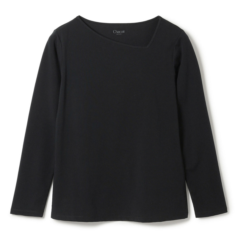 ★アシンメトリーネックＴシャツ(ブラック-M)