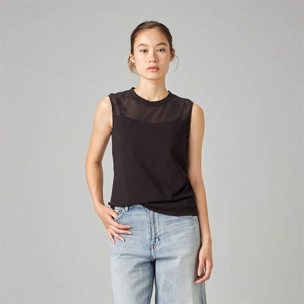 HandsomeCotton チュールノースリーブTシャツ(ブラック-M)