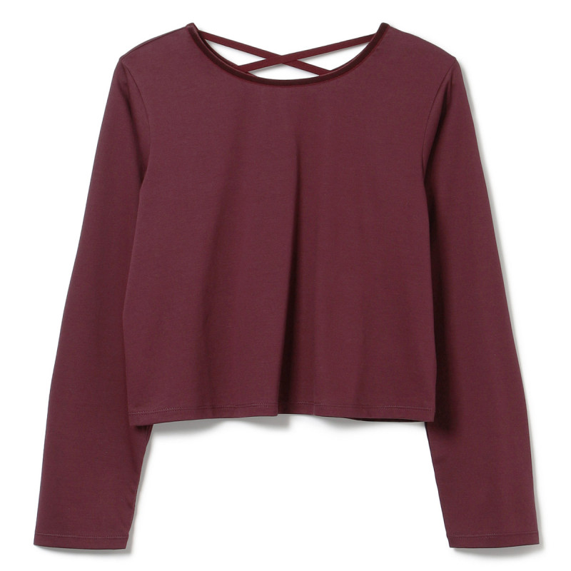 ベロアアクセントクロップドTシャツ(ワインレッド-M)