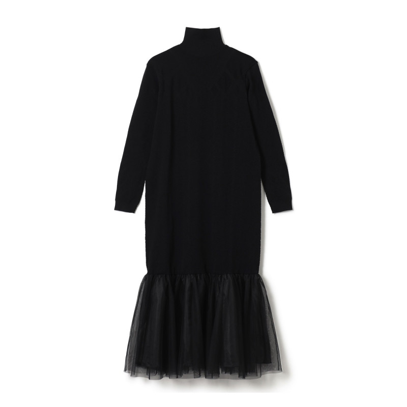 ★チュールコンビニットワンピース(ブラック-M)