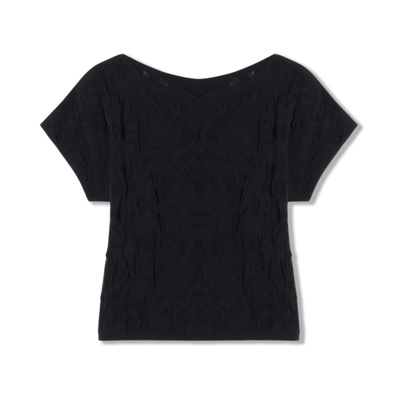 【ノーソーイングニット】バレリーナネックコンパクトTシャツ(ブラック-M)