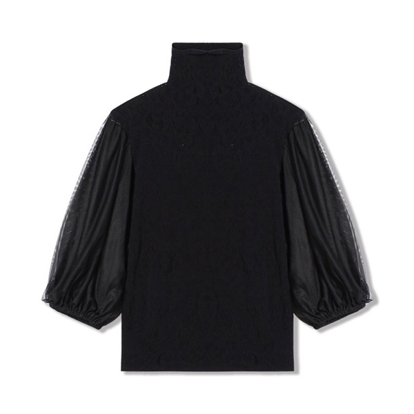 【ノーソーイングニット】チュールスリーブハイネックトップ(ﾌﾞﾗｯｸ-M)