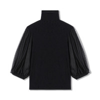 【ノーソーイングニット】チュールスリーブハイネックトップ(ブラック-M)