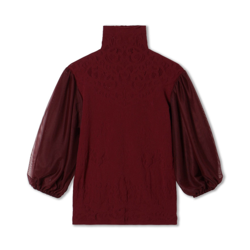 【ノーソーイングニット】チュールスリーブハイネックトップ(ガーネット-M)