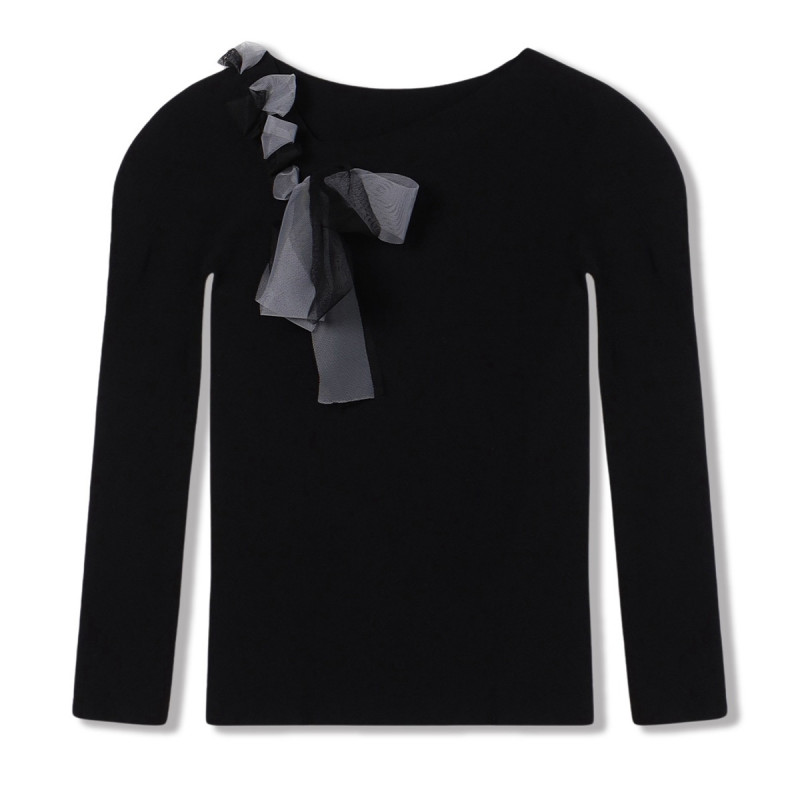【ノーソーイングニット】チュールリボンニットトップ(ブラック-M)