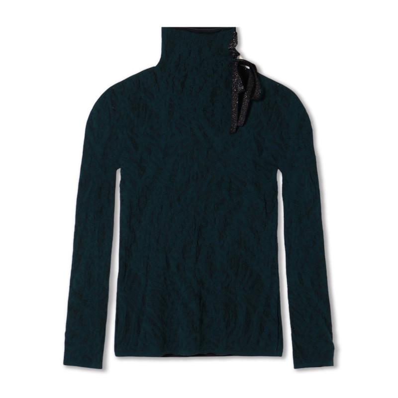 【ノーソーイングニット】サイドリボンハイネックニットトップ(ボトルグリーン-M)