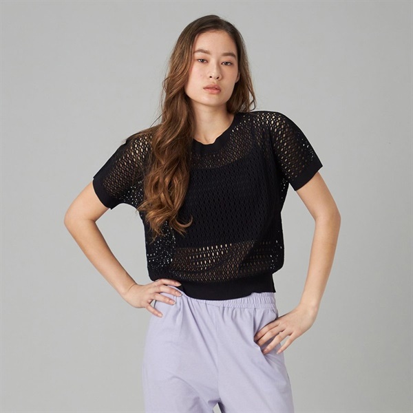 【ノーソイングニット】メッシュニット半袖プルオーバー(ブラック-M)