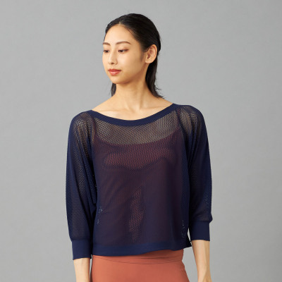 【ノーソーイングニット】7分袖メッシュニットTシャツ