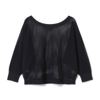 【ノーソーイングニット】7分袖メッシュニットTシャツ(ブラック-M)