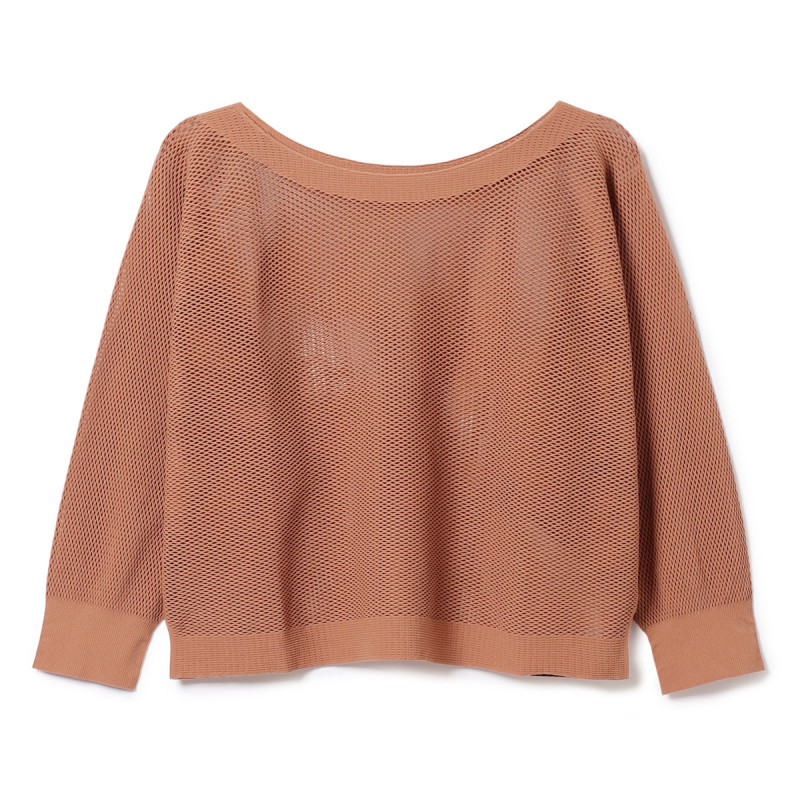 【ノーソーイングニット】7分袖メッシュニットTシャツ(キャメル-M)