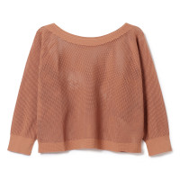 【ノーソーイングニット】7分袖メッシュニットTシャツ(キャメル-M)