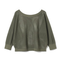 【ノーソーイングニット】7分袖メッシュニットTシャツ(カーキ-M)