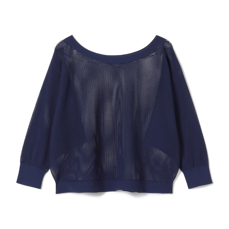 【ノーソーイングニット】7分袖メッシュニットTシャツ(ネイビー-M)