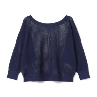 【ノーソーイングニット】7分袖メッシュニットTシャツ(ネイビー-M)