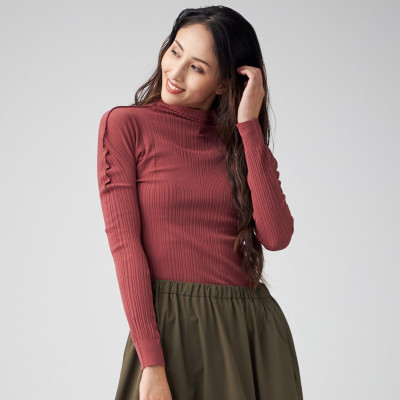 【ノーソーイングニット】リブアクセントハイネックニット