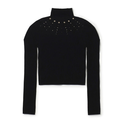 【ノーソーイングニット】スタッズハイネックショートトップ(ブラック-M)