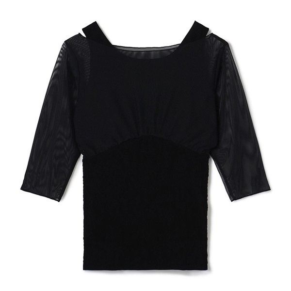 【ノーソーイングニット】カップ付レイヤードニットトップ(ブラック-M)