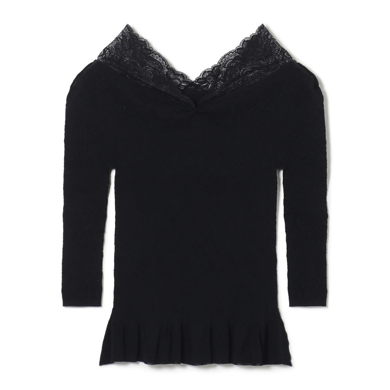 ★レースコンビペプラムニットトップ(ブラック-M)