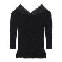 ★レースコンビペプラムニットトップ(ブラック-M)