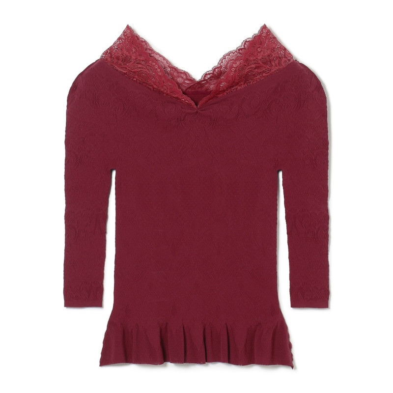 ★レースコンビペプラムニットトップ(ワインレッド-M)