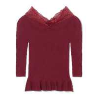 ★レースコンビペプラムニットトップ(ワインレッド-M)