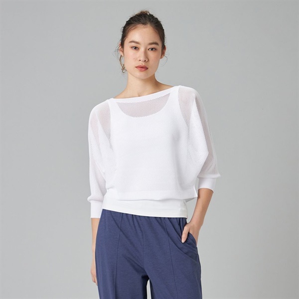 【ノーソイングニット】７分袖メッシュニットＴシャツ(ホワイト-M)