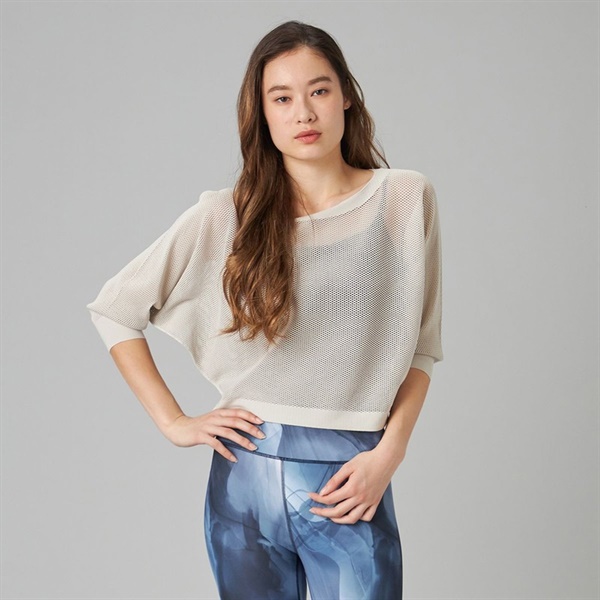 【ノーソイングニット】７分袖メッシュニットＴシャツ(グレージュ-M)