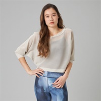 【ノーソイングニット】７分袖メッシュニットＴシャツ(グレージュ-M)