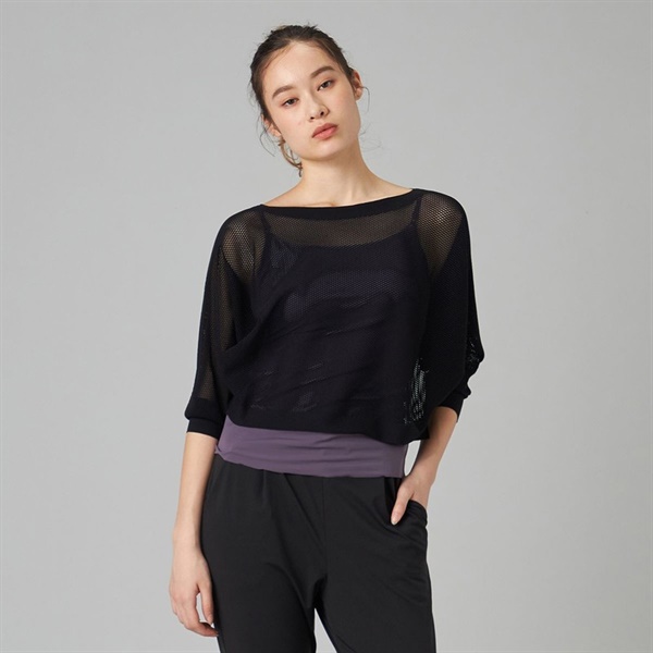 【ノーソイングニット】７分袖メッシュニットＴシャツ(ブラック-M)