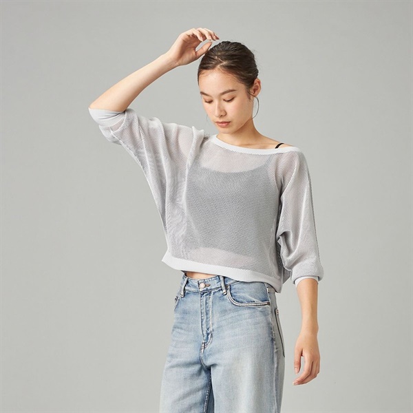 【ノーソーイングニット】7分袖メッシュニットTシャツ(パールグレー-M)