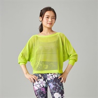 【ノーソーイングニット】7分袖メッシュニットTシャツ(ライムグリーン-M)