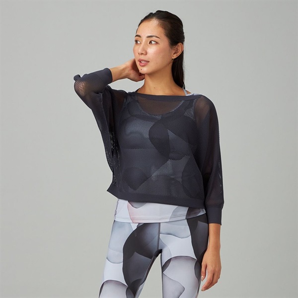 【ノーソーイングニット】7分袖メッシュニットTシャツ(ダークグレー-M)