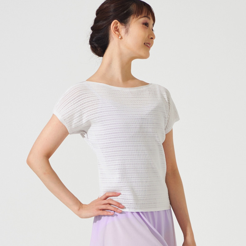 Chacott チャコット ノーソーイングコンパクトTシャツ0122 Mサイズ ノーソーイングニット】ボートネックメッシュTシャツ 商品ページ