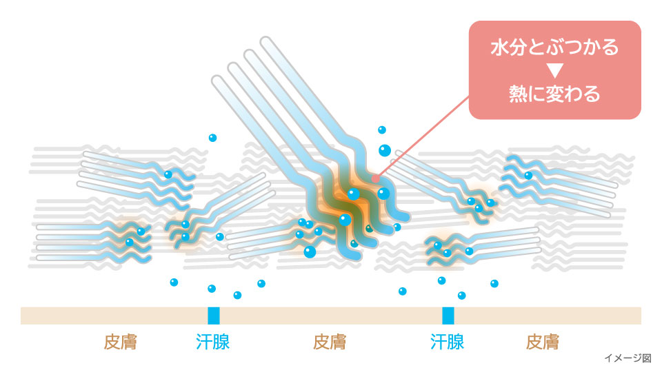 吸湿発熱でぽかぽか続く（サーモギア®素材の特長）